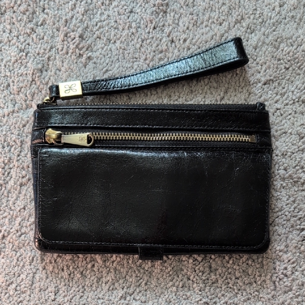 Black Leather Wristlet with Gold Accents